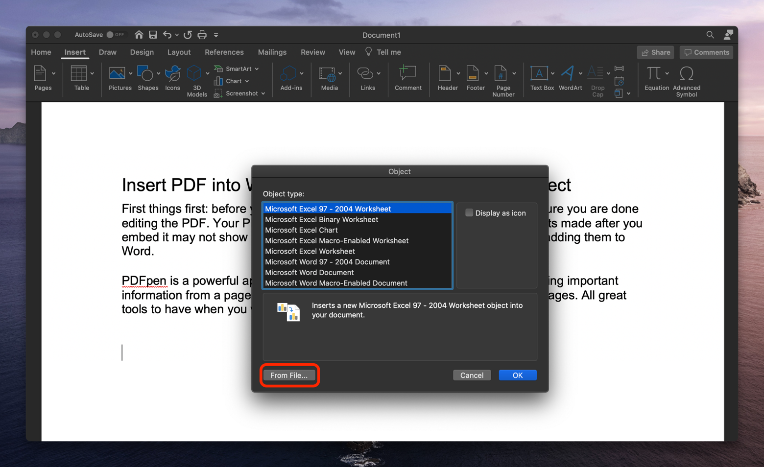 inserting a pdf into word for mac
